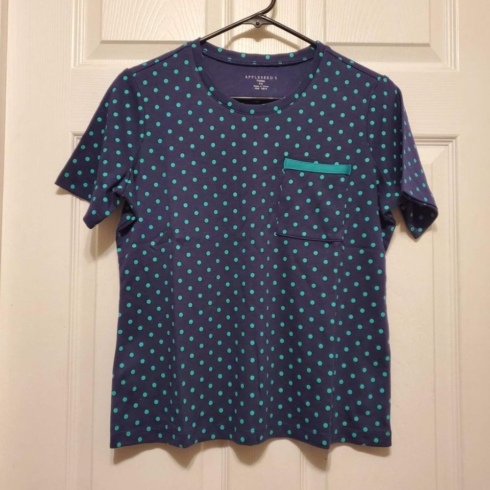 NEW Appleseed's Women's Blue Polka Dot Classic Tee with Pocket - Petite Small